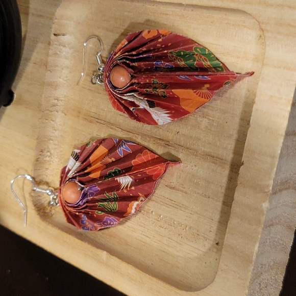 Hand Folded Origami Leaf Earrings Burnt Orange with Matching Bead Sterling - Picture 1 of 8